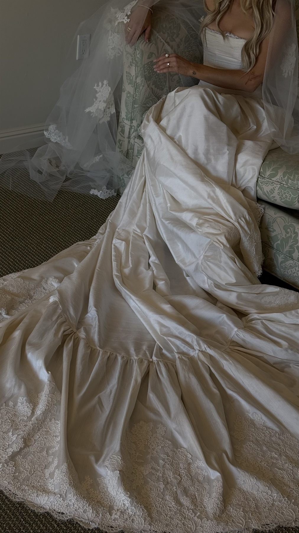 Detail of the extra-gathered silk dupioni skirt of the Montecito gown.